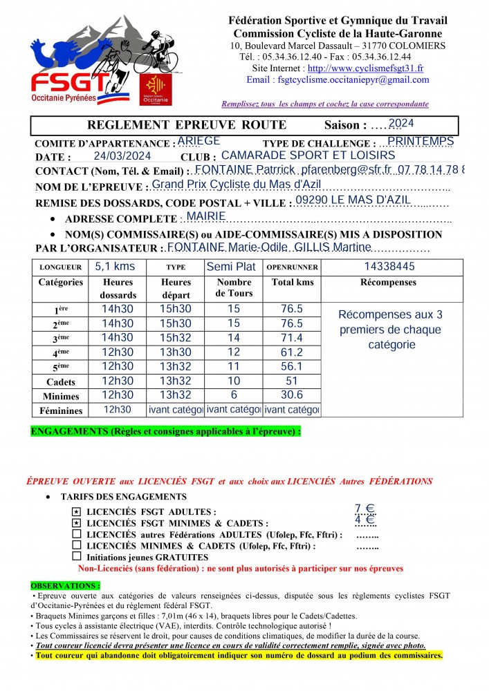 Réglement du Grand Prix Cycliste 2024 du Mas d'Azil